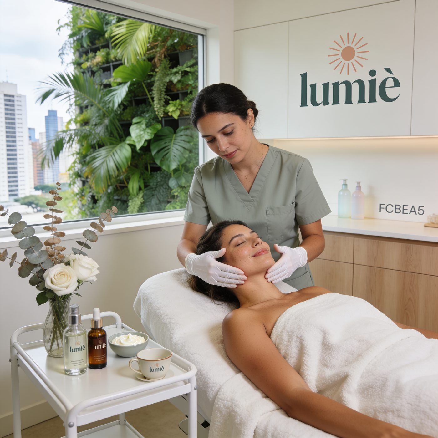 Profissional do Espaço Lumiè realizando um atendimento facial